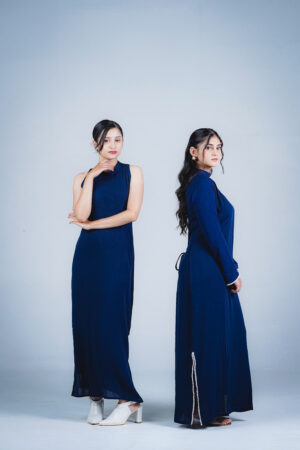 Navy Full Sleeves Mock Neck Gown