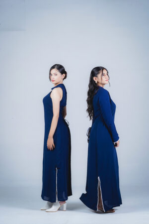 Navy Full Sleeves Mock Neck Gown